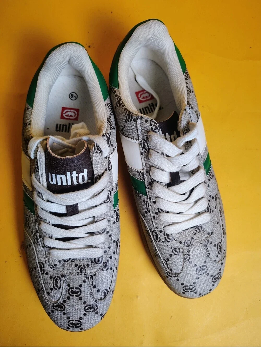 Ecko Unltd Monogram Low Top Sneakers Green White Grey Rhino Men's Size 8.5 Used